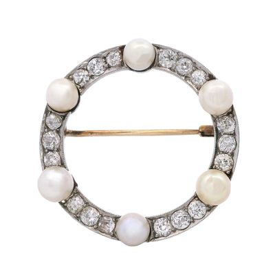 Sale Photo Thumbnail #444: Art Nouveau 18kt Gold & Platinum Brooch with Natural Pearls & Diamonds