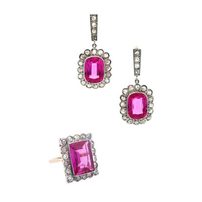 Sale Photo Thumbnail #158: Antique 18kt Gold & Platinum Set with Diamonds & Synthetic Rubies