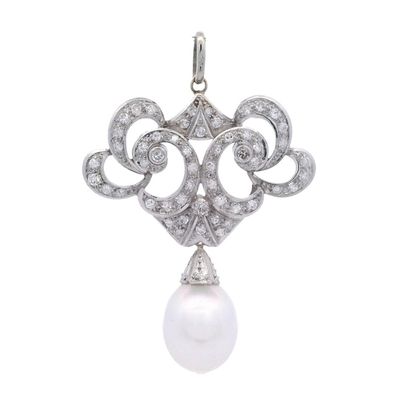 Sale Photo Thumbnail #393: Art Deco Platinum Pendant Necklace with Diamonds & Pearl