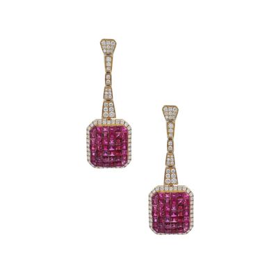 Sale Photo Thumbnail #162: Pair of 18K Yellow Gold Drop Earrings with 7.15 CTW in Rubies & Diamonds