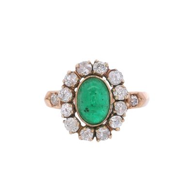 Sale Photo Thumbnail #453: Antique 18kt yellow Gold Rosetta Ring with Diamonds & Emerald