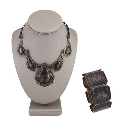 Sale Photo Thumbnail #213: Vintage Siam Sterling Silver 925 Niello Jewelry Set (Thailand)