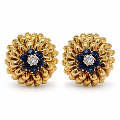 1960s 18K Yellow Gold Earrings with 2.10 CTW in Diamonds & Sapphires