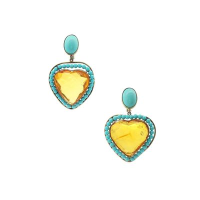 Sale Photo Thumbnail #161: Vintage 18K Yellow Gold Heart Drop Earrings with Amber & Turquoise