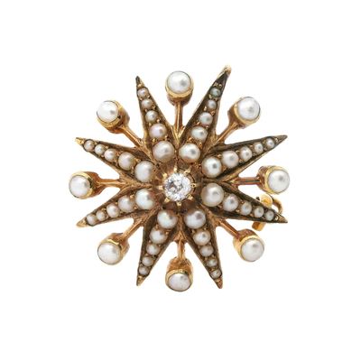 Sale Photo Thumbnail #287: Art Nouveau 18K Yellow Gold Star Pendant/Brooch with Diamond & Pearls