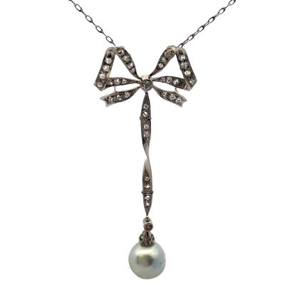 Sale Photo Thumbnail #382: Art Nouveau Platinum Necklace with 0.35 CTW in Diamond, and Baroque Pearl