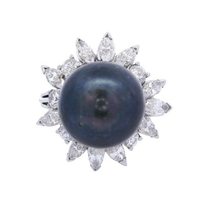 Sale Photo Thumbnail #156: Platinum Cocktail Ring with Tahitian Pearl & Diamonds