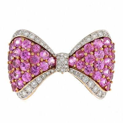 Sale Photo Thumbnail #311: 18K Yellow Gold Ribbon Brooch with 7.20 CTW in Pink Sapphires & Diamonds