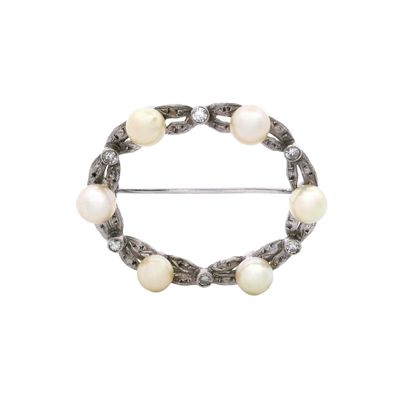 Sale Photo Thumbnail #442: Art Nouveau 14kt white Gold Pin Brooch with Pearls & Diamonds