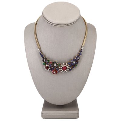Retro 18K Yellow Gold Tutti Frutti Necklace with Diamonds, Rubies, Sapphires & Emeralds