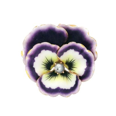 Edwardian 1900 Enameled White Pansy Flower Brooch In 14Kt Gold With Diamond