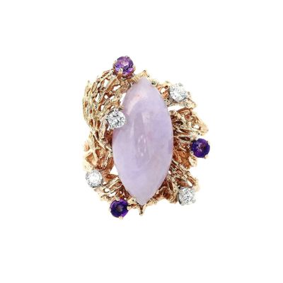 14K Yellow Gold Ring with 8.00 CTW in Lavender Jade, Diamonds & Amethyst