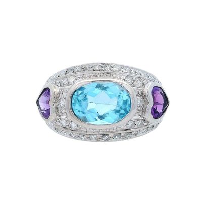 14K White Gold Ring with 4.00 CTW in Blue Topaz, Amethyst & Diamonds