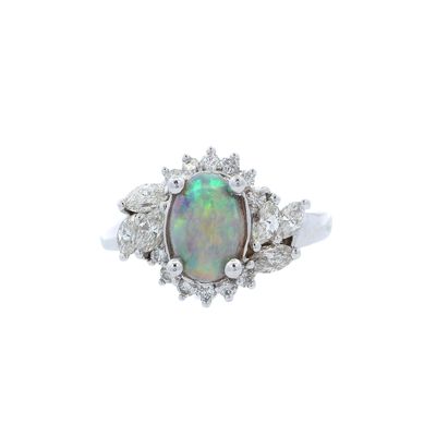 14K White Gold Ring with 0.80 CTW in Diamonds & Opal