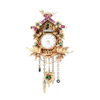 Sale Photo Thumbnail #289: Retro 18K Yellow Gold Cuckoo Watch Brooch with Multicolor Gemstones & Diamonds