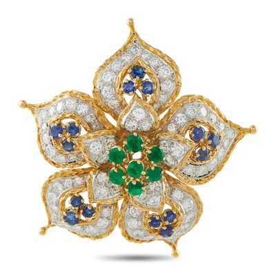 Sale Photo Thumbnail #294: Vintage 18K Yellow Gold 6.0ct Diamond, Emerald, and Sapphire Brooch