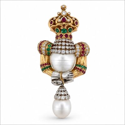 18K Yellow Gold South Sea Pearl Brooch with 8.50 CTW in Diamonds & Burma Rubies