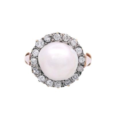 Sale Photo Thumbnail #405: Antique 18kt Gold Halo Ring with Diamonds & Pearl