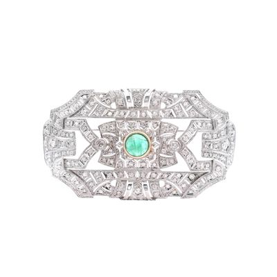 Sale Photo Thumbnail #439: Art Deco filigree Platinum Brooch with 5.30 CTW in Diamonds and Emerald