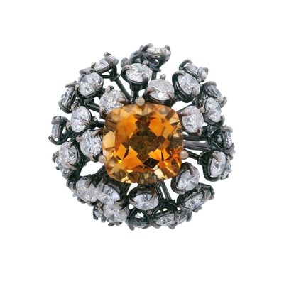Sale Photo Thumbnail #390: Vintage 18kt white Gold Tremblant Cocktail Ring with yellow Sapphire & Diamonds