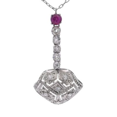 Sale Photo Thumbnail #395: Art Deco Filigree Platinum Pendant Necklace with Diamonds & Ruby