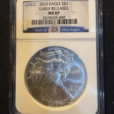 2010 American Silver Eagle NGC MS69 Early Releases – 25 Years of Silver Eagles Label – 1 oz .999 Fin