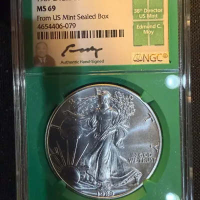 1989 American Silver Eagle NGC MS69 – Edmund C. Moy Signed Label – From U.S. Mint Sealed Box – 1 oz 