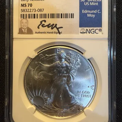 2020 American Silver Eagle NGC MS70 Early Releases Edmund C. Moy Signed Label 1 oz .999 Fine Silver