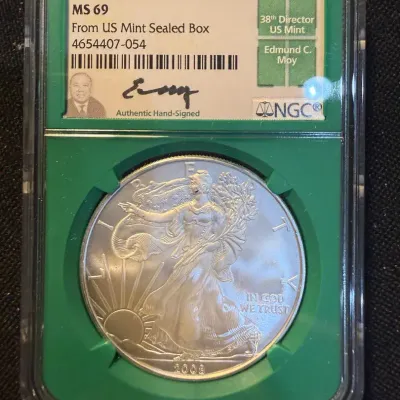 2008 American Silver Eagle $1 NGC MS69 | Edmund C. Moy Signed Label | From US Mint Sealed Box | 1 oz