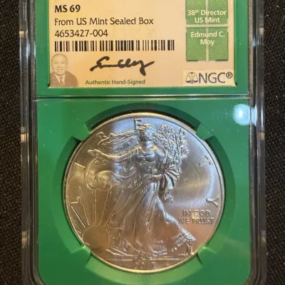 2017 American Silver Eagle NGC MS69 | Edmund C. Moy Signed Label | From US Mint Sealed Box | 1 oz .9