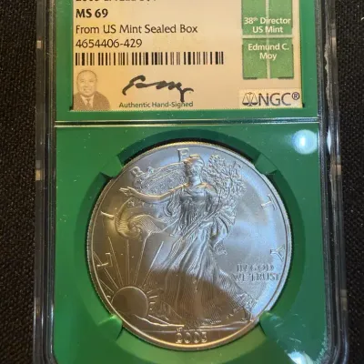 2003 American Silver Eagle NGC MS69 – Edmund C. Moy Signed Label – From U.S. Mint Sealed Box – 1 oz 