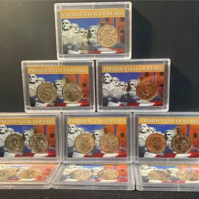 Lot of 9 Whitman Presidential Dollar Coin Displays – John Adams, Jefferson, Madison, Monroe & Andrew