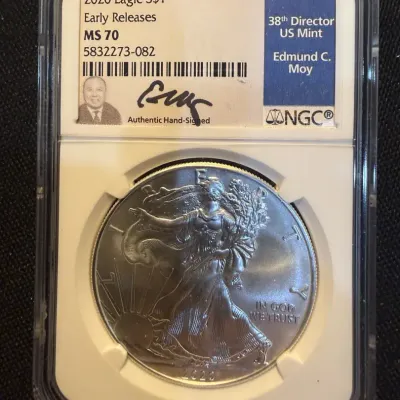 2020 American Silver Eagle NGC MS70 Early Releases Edmund C. Moy Signed Label 1 oz .999 Fine Silver
