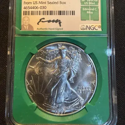1987 American Silver Eagle NGC MS69 – Edmund C. Moy Signed Label – From U.S. Mint Sealed Box – 1 oz 