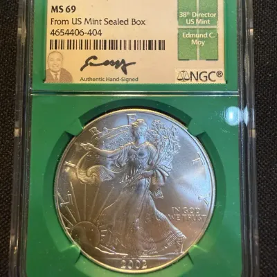 2002 American Silver Eagle NGC MS69 – Edmund C. Moy Signed Label – From U.S. Mint Sealed Box – 1 oz 