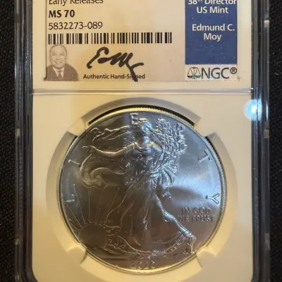 2020 American Silver Eagle NGC MS70 Early Releases Edmund C. Moy Signed Label 1 oz .999 Fine Silver