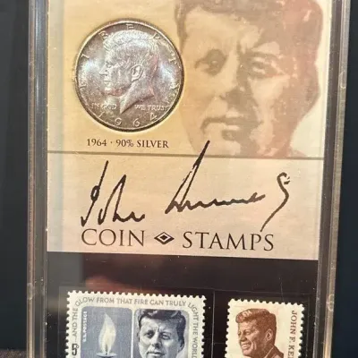 John F. Kennedy Coin & Stamps Commemorative Display with 1964 Silver Kennedy Half Dollar