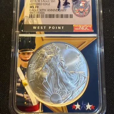 2016-W Burnished American Silver Eagle NGC MS70 Lettered Edge – 30th Anniversary – West Point – 1 oz