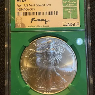 2001 American Silver Eagle NGC MS69 – Edmund C. Moy Signed Label – From U.S. Mint Sealed Box – 1 oz 