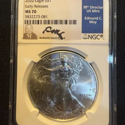 2020 American Silver Eagle NGC MS70 Early Releases Edmund C. Moy Signed Label 1 oz .999 Fine Silver