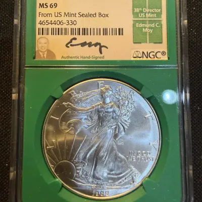 1999 American Silver Eagle NGC MS69 – Edmund C. Moy Signed Label – From U.S. Mint Sealed Box – 1 oz 