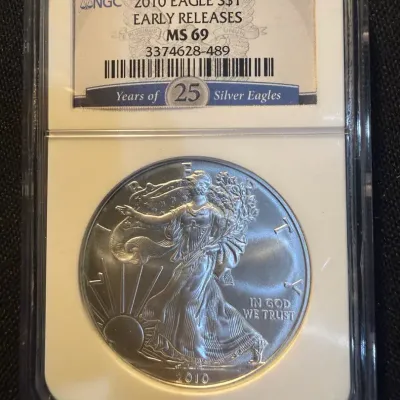 2010 American Silver Eagle NGC MS69 Early Releases – 25 Years of Silver Eagles Label – 1 oz .999 Fin