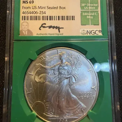 1996 American Silver Eagle NGC MS69 – Edmund C. Moy Signed Label – From U.S. Mint Sealed Box – Key D
