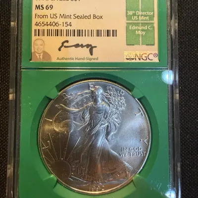 1992 American Silver Eagle NGC MS69 – Edmund C. Moy Signed Label – From U.S. Mint Sealed Box – 1 oz 
