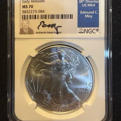 2020 American Silver Eagle NGC MS70 Early Releases Edmund C. Moy Signed Label 1 oz .999 Fine Silver