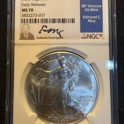 2020 American Silver Eagle NGC MS70 Early Releases Edmund C. Moy Signed Label 1 oz .999 Fine Silver