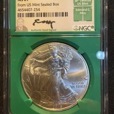 2016 American Silver Eagle NGC MS69 | Edmund C. Moy Signed Label | From US Mint Sealed Box | 1 oz .9