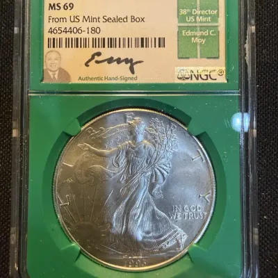 1993 American Silver Eagle NGC MS69 – Edmund C. Moy Signed Label – From U.S. Mint Sealed Box – 1 oz 