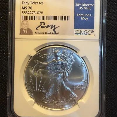 2020 American Silver Eagle NGC MS70 Early Releases Edmund C. Moy Signed Label 1 oz .999 Fine Silver