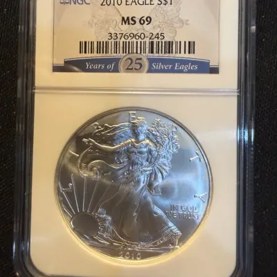 2010 American Silver Eagle NGC MS69 – 25 Years of Silver Eagles Label – 1 oz .999 Fine Silver